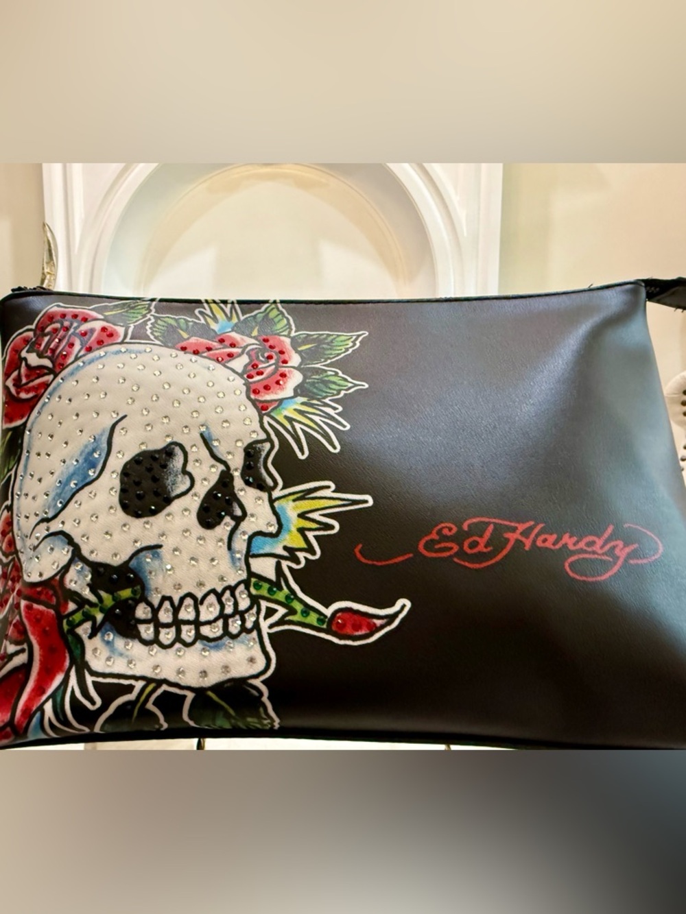 Ed Hardy Black Skull & Roses Decorative Pouch with Red Script - Picture 4 of 6